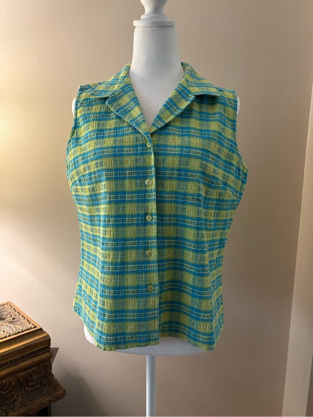 Mountain Lake Blouse Women’s Size L Yellow/Blue Sleeveless Button-Down